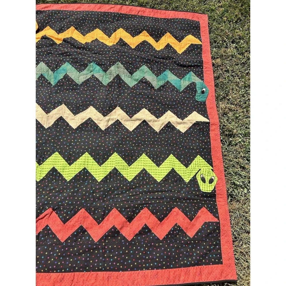VTG Handmade Patchwork Quilt Snake Pattern Kids Reptile Double Sided 58X45